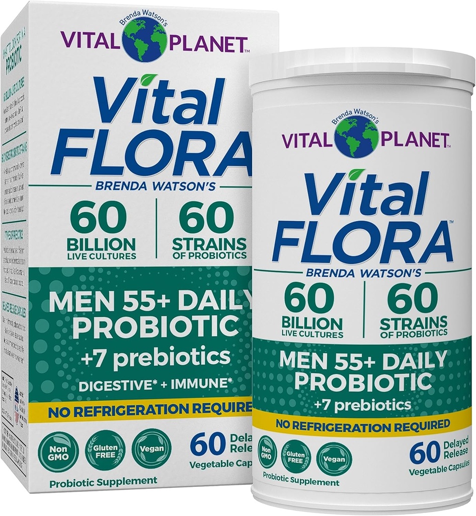 Vital Planet - Vital Flora Erkekler 55 Günlük Probiyotik, 60 Milyar CFU, Diverse Strains, Organik Prebiyotikler, Immune Support, Digestive Health Raf Stable Probiyotiks for Men, 60 Capsules