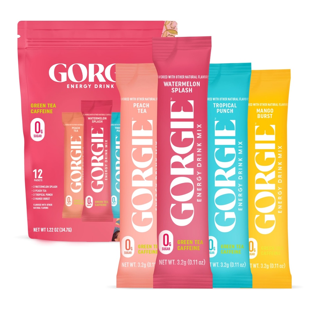 GORGIE Bestsellers Variety, Sugar-Free Natural Energy Drink Mix, On the Go Powder, Healthy Energy Drinks - Green Tea Caffeine, Biotin, B Vitamins -150mg Caffeine, L-Theanine, Vegan, & Low Calorie (Pack of 12)