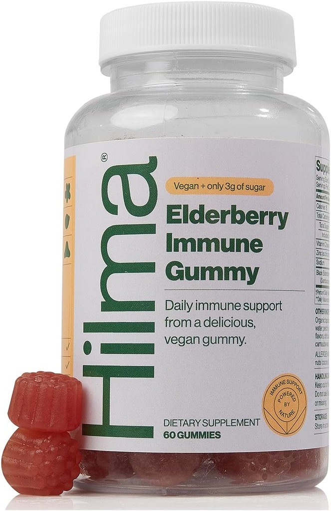 Hilma Elderberry Gummies Vitamin C & çinko, Natural, Vegan, Klinik olarak Proven Malzemeler ile formüle edildi, Immune Support Supplement Plus Antisoxy, Natural Berry Flavor (60 Gummies)