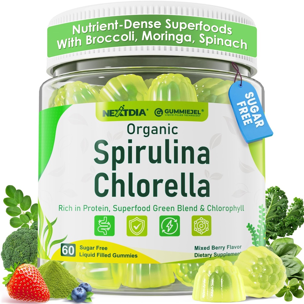 Organic Spirulina Chlorella Gummies + Super Greens, High in Vegan Protein & Chlorophyll, Green Algae + Broccoli，Moringa, Spinach, C, D3, Zinc, B12 for Energy, Gut, Immune, Antioxidant, No Sugar, 60Cts