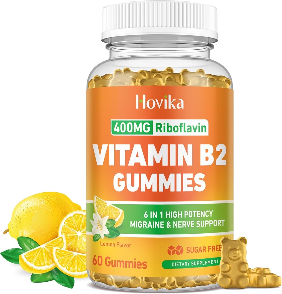 Βιταμίνη Β2 Gummies Riboflavin 400mg συμπλήρωμα για άνδρες & γυναίκες - καθαρό μαγνήσιο, Ashwagandha, CoQ10, Omega 3, βιταμίνη Β12 - Ημικρανία ανακούφιση & ενέργεια, υποστήριξη νευρικού συστήματος - Χωρίς ζάχαρη, 60 Count