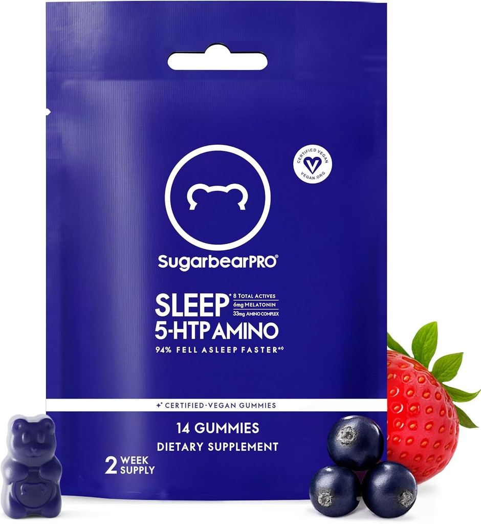 SugarBearPro Sleep Gummy 14 Day Supply, Extra Strength Melatonin 6 mg, for Men & Women, Vegan Vitamin B6, L-Theanine, 5 HTP, Valerian, Sleep Aid for Yetişkinler & Young, Sertifikalı Kosher