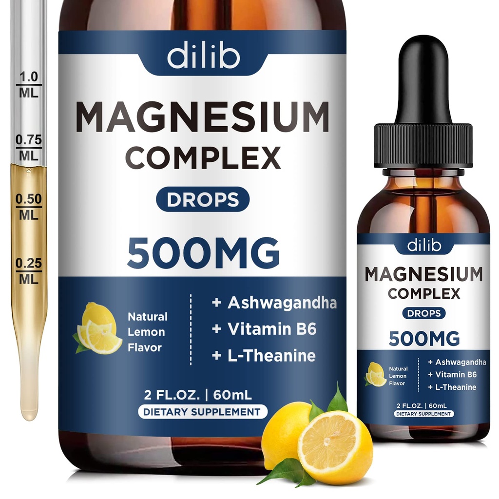 Magnezyum Glycinate Liquid Drops, Triple Complex Magnezyum Supplement with Citrate, Malate 500 mg Ashwagandha, L-Theanine, Vitamin B6 for Sleep, Calm, Stress Relief, Bone, Muscle, Mood - Lemon Flavor