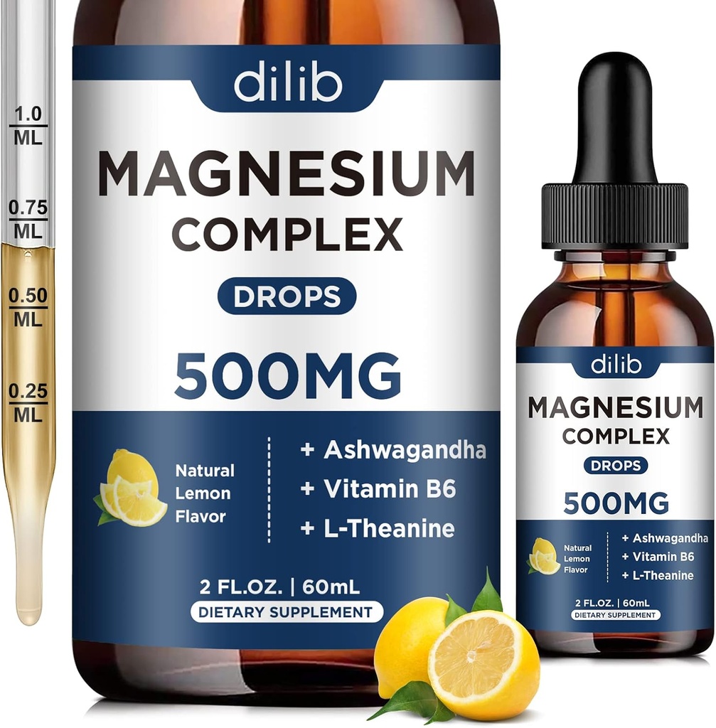 Magnezyum Glycinate Liquid Drops, Triple Complex Magnezyum Supplement with Citrate, Malate 500 mg Ashwagandha, L-Theanine, Vitamin B6 for Sleep, Calm, Stress Relief, Bone, Muscle, Mood - Lemon Flavor