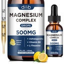 Magnezyum Glycinate Liquid Drops, Triple Complex Magnezyum Supplement with Citrate, Malate 500 mg Ashwagandha, L-Theanine, Vitamin B6 for Sleep, Calm, Stress Relief, Bone, Muscle, Mood - Lemon Flavor