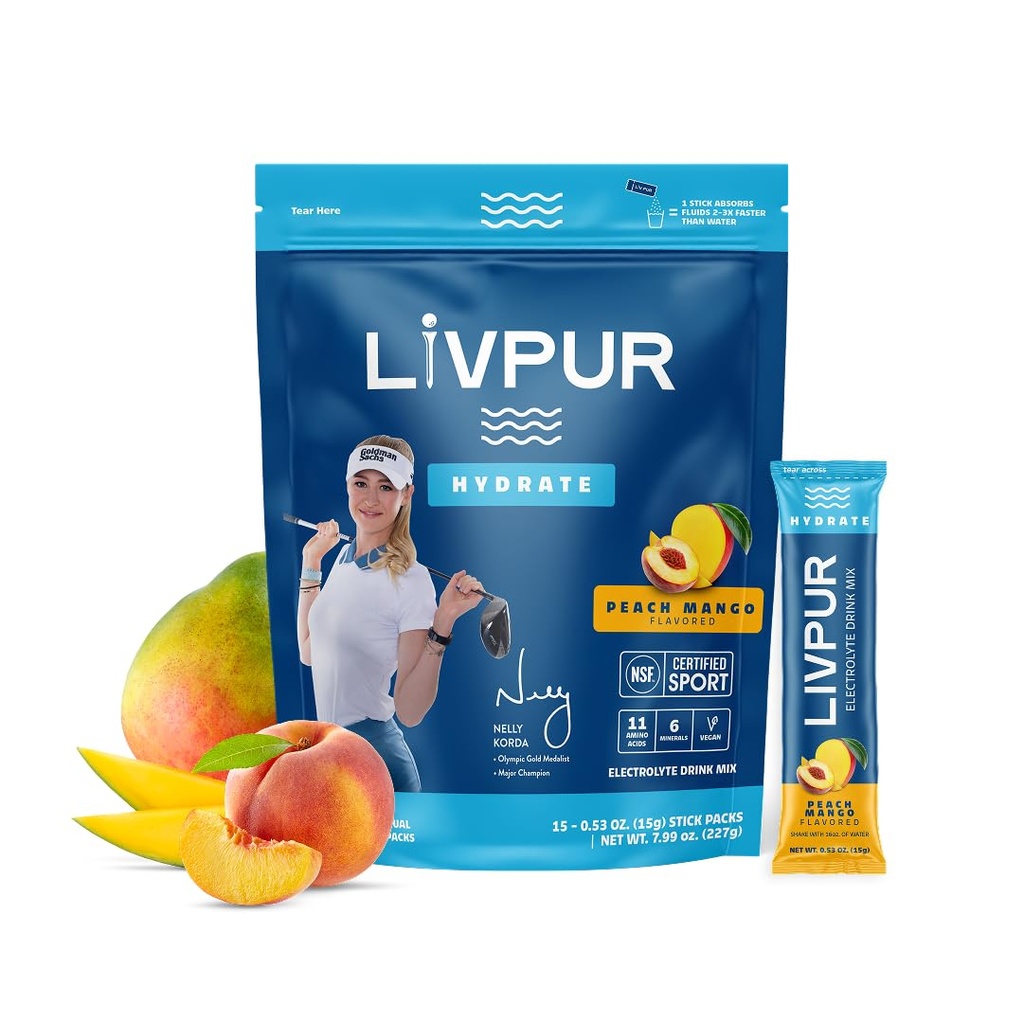 LIVPUR Electrolyte Drink Mix, Instant Hydration Powder with Vitamin C, B6, B12 & Essential Amino Acids for Muscle Support & Immune Health, Sports Essentials, Peach Mango Flavor, 15 Stick Packs