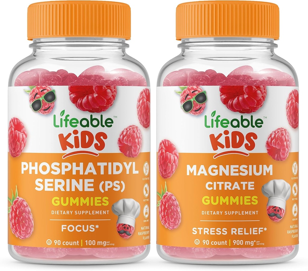 Lifeable Phosphatidylserine (PS) Çocuklar + Magnezyum Çocuklar, Gummies Sche - Great Tasting, Vitamin Supplement, Gluten Free, GMO Free, Chewable Gummy