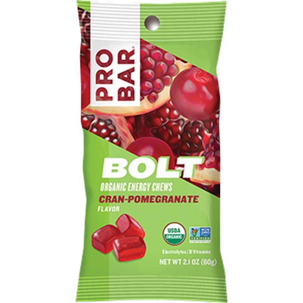 Probar Bolt Organic Energy Chews Cran Pomegranate - Natural Electrolyte-Packed Sports Nutrition, B Vitamins & Antioxidants for Cycling & Active Wellness (Pack of 12)