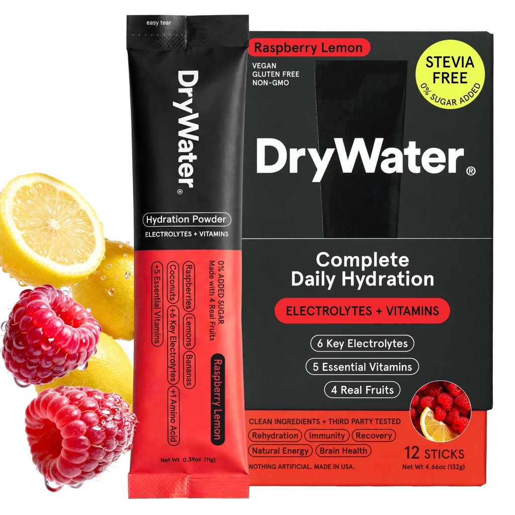 DryWater Electrolyte Powder Packets, Raspberry Lemon - Stevia-Free Hydration Packets Drink Mix with Zero Added Sugar for Rehydration & Energy - 6 Key Electrolytes, 5 Vitamins & 5 Real Fruits - 12 Pack