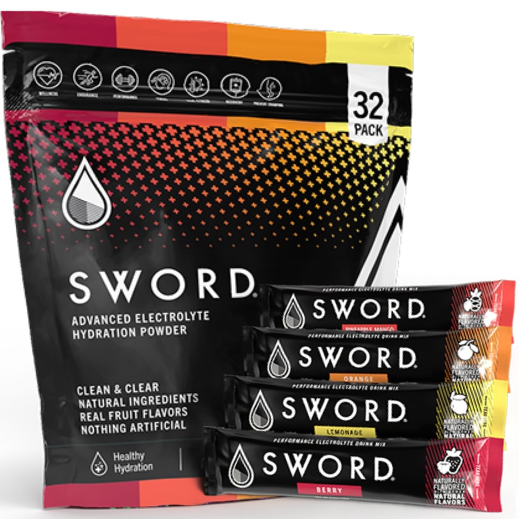 SWORD PERFORMANCE Electrolyte Replenisher, 32 Powder Hydration Stick Packs in Variety of Flavors: Berry, Lemonade, Orange, Pineapple Mango