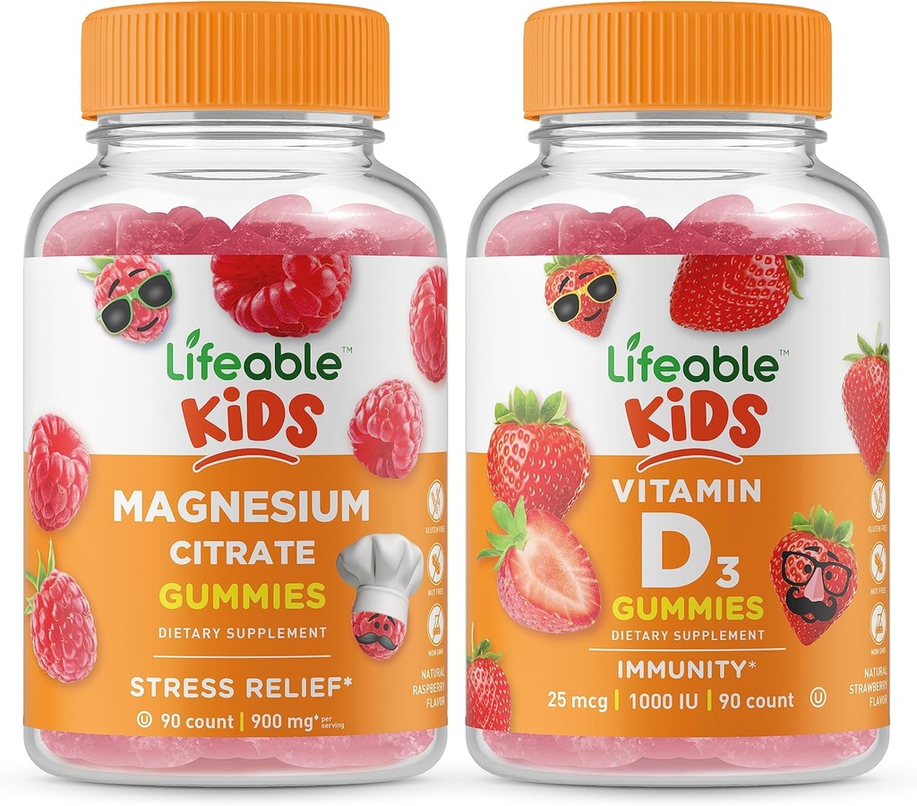 Lifeable Magnesium Kids + Vitamin D Kids, Gummies Bundle - Great Tasting, Vitamin Supplement, Gluten Free, GMO Free, Chewable Gummy