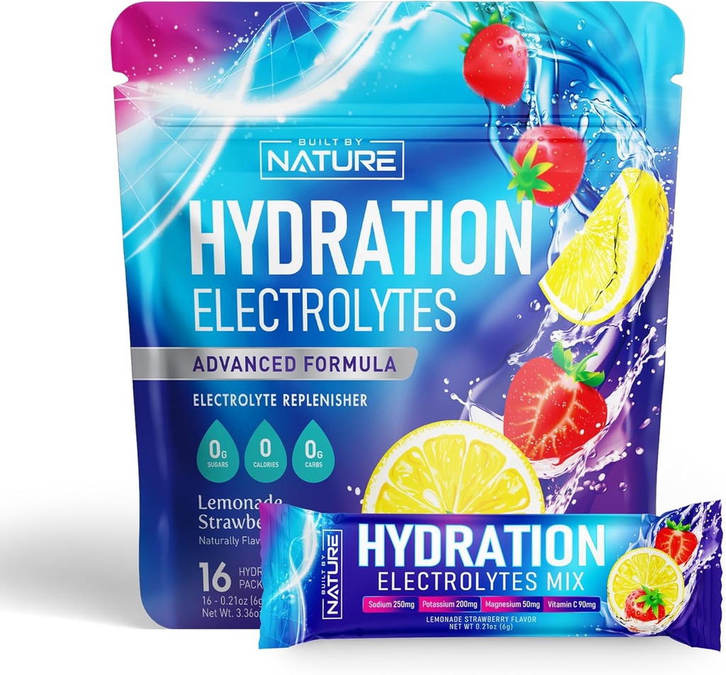 Elektrolytes Toz Hydration Packets – Recovery Drink Mix with sodyum, Pyum, Magnezyum, Kalsiyum, C & çinko – Sugar Free, Keto, Non GMO & Vegan – Strawberry Lemonade – 16 Sticks