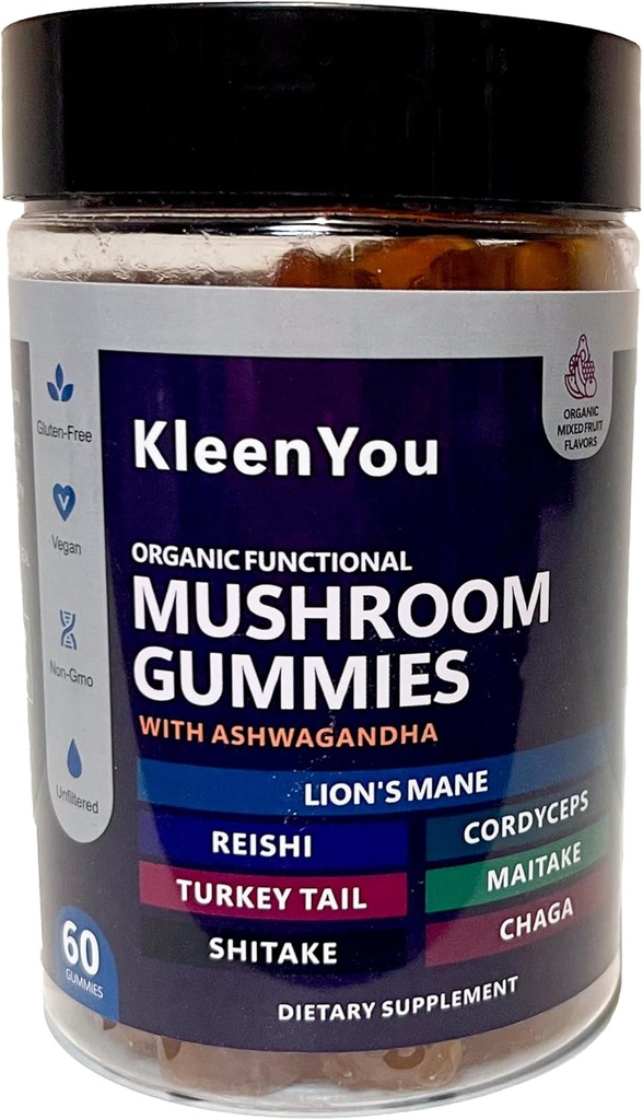 Lion's Mane & Ashwagandha Supplement Gummies - Bilişsel ve Immune Support için Kapsamlı Mushroom Supplement, Vegan Mix with Reishi, Cordyceps - Low Carb, 60 Organik Mushroom Gummies