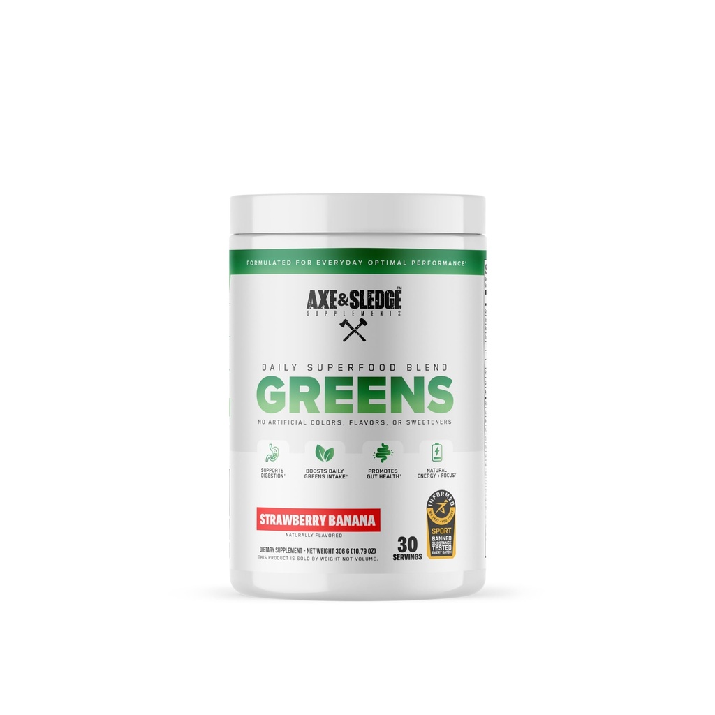 Axe & Sledge Super Greens and Reds Powder – Greens Drink with Superfoods, Probiotics & Digestive Enzymes for Energy, Gut Health & Bloating | Strawberry Banana
