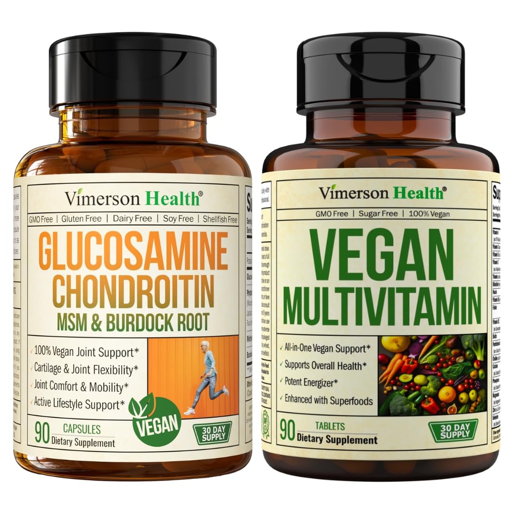 Vegan Glucosamine Chondroitin MSM & Vegan Multivitamin – Plant-Based Joint Support and Daily All-in-One Multivitamin Bundle for Energy, Flexibility & Overall Health