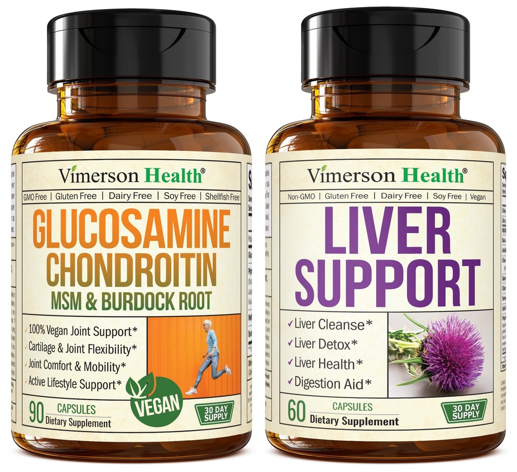 Vegan Glucosamine Chondroitin MSM Joint Support Supplement & Liver Cleanse Detox & Repair Milk Thistle Supplement for Liver Support