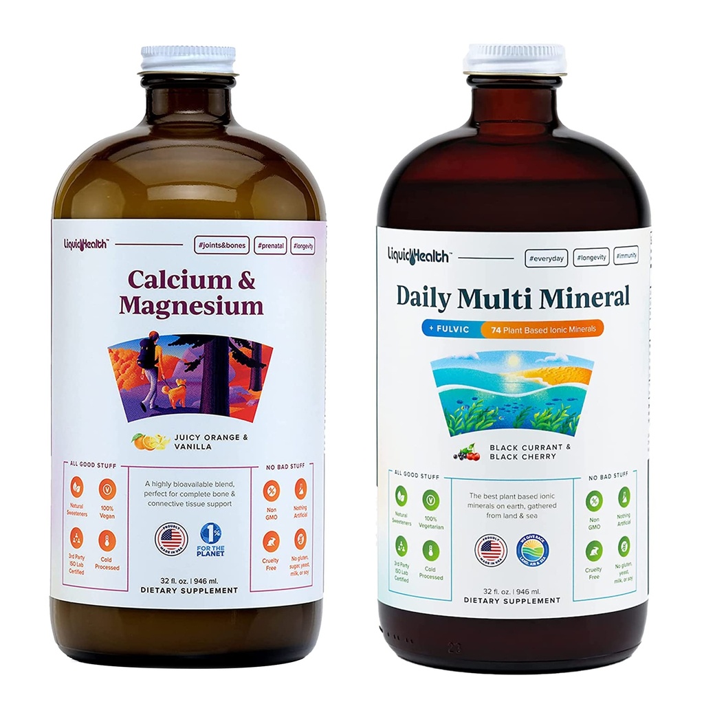 LIQUIDHEALTH Calcium Magnesium Vitamins & Daily Multi Minerals Liquid Supplement Bundle for Adults - Immune System, Bone & Joint Support, Improve Mobility, Increase Energy - Vegan, Non-GMO, USA Made