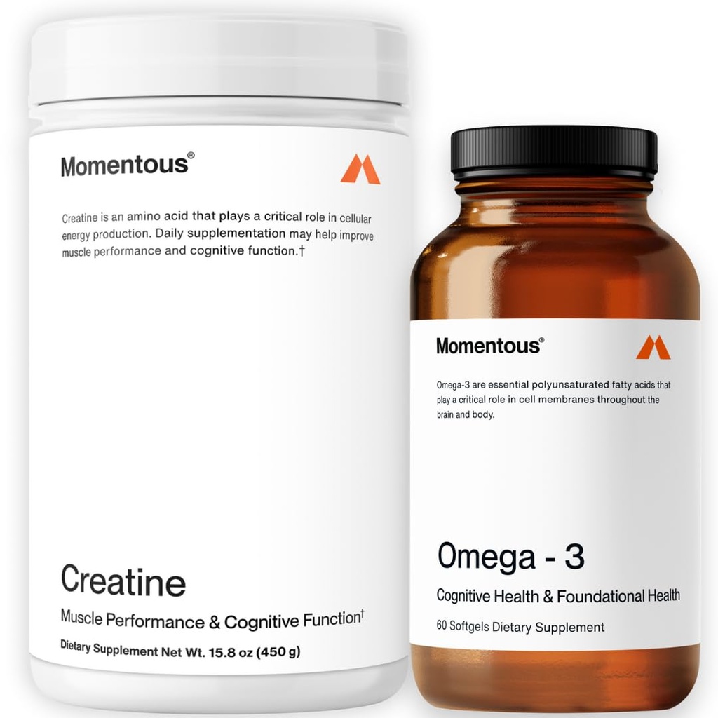 Momentous Kretine Monohidrat Toz & Omega-3 Fish Oil 1,600 mg - Daily Omega-3 Supplement for EPA & DHA - Supports Strength, Lean Muscle, Recovery, & Ortak Sağlık - NSF Spor için sertifikalı