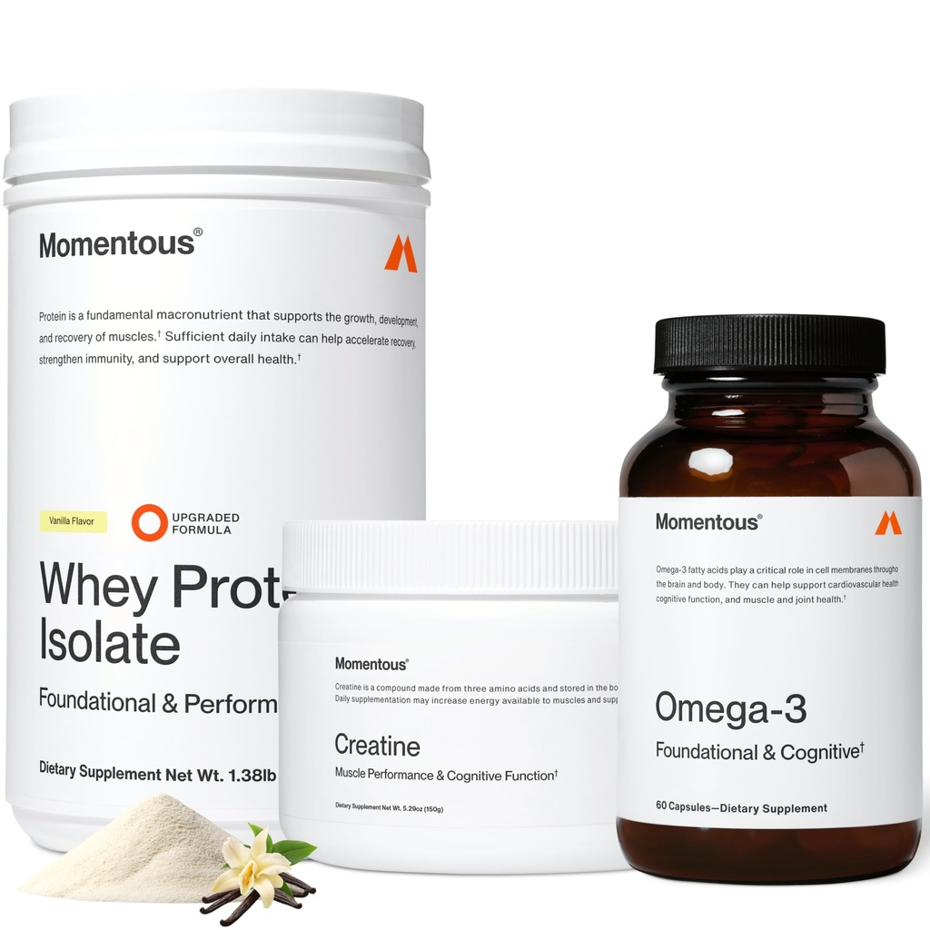 Momentous Three - Kretine Monohidrat Toz (30 Hizmet) , Grass-Fed Whey Protein Tozu (Vanilla) & Omega-3 Fish Oil 1600 mg - Daily Essentials for Strength, Performance & Lean Muscle Recovery