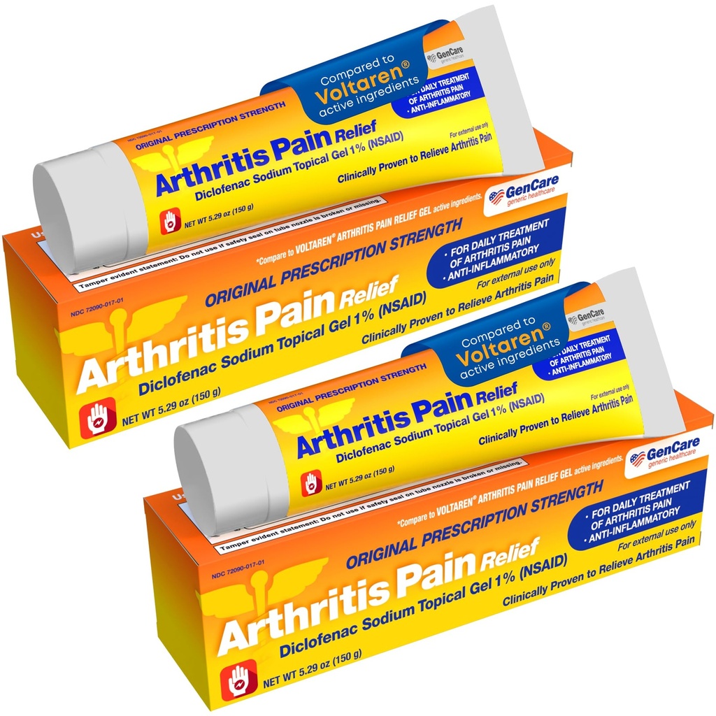 GenCare- Arthritis Pain Relief Cream (150 G) Topical Diclofenac Gel Extra Strength Arthritis Cream for Joint Pain, Muscle Ache of the Hand, Wrist, Elbow, Foot, Ankle, Knee- Generic Voltaren Gel 2 Pack