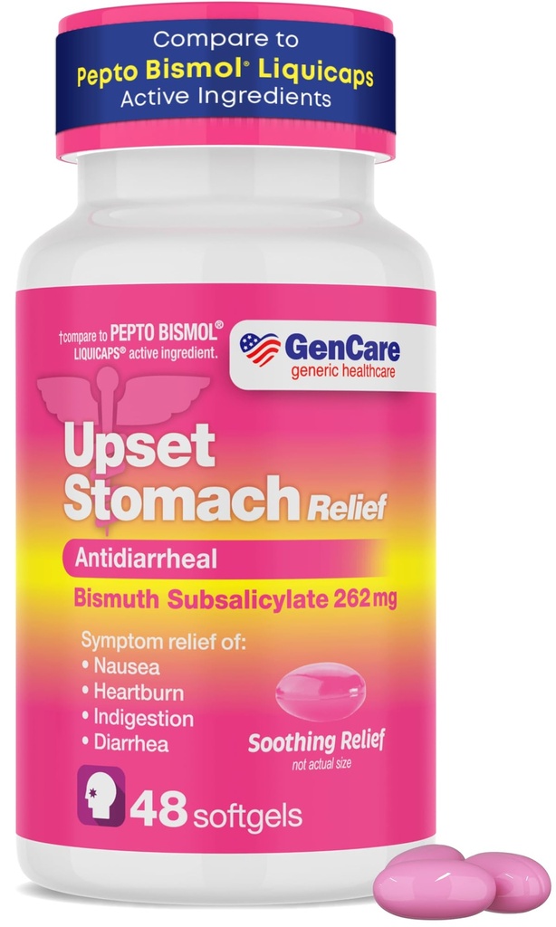 GenCare Upset Stomach Relief – 48 Softgels – Bismuth Subsalicylate 262 mg Antidiarrheal Medication – Acid Reflux Medicine for Nausea, Heartburn & Indigestion Relief – Generic for Pepte Bismol Tablets
