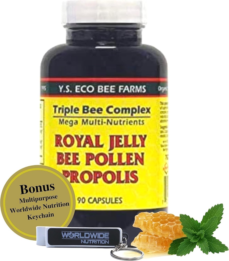 YS Organics Triple Bee Complex, Royal Jelly, Bee Pollen, Propolis - The Power of Nature Packed in 90 Capsules with Bonus worldwidetrition Multi Σκοπός Key Chain