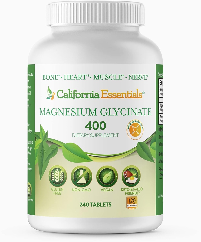 Magnezyum Glycinate 400 - Kas Relief, Bone & Heart Support -Vegan, Non-GMO, Gluten-Free 240 Tabletler (Servings 120, Servis Boyutu (2) 200 mg Tabletler)