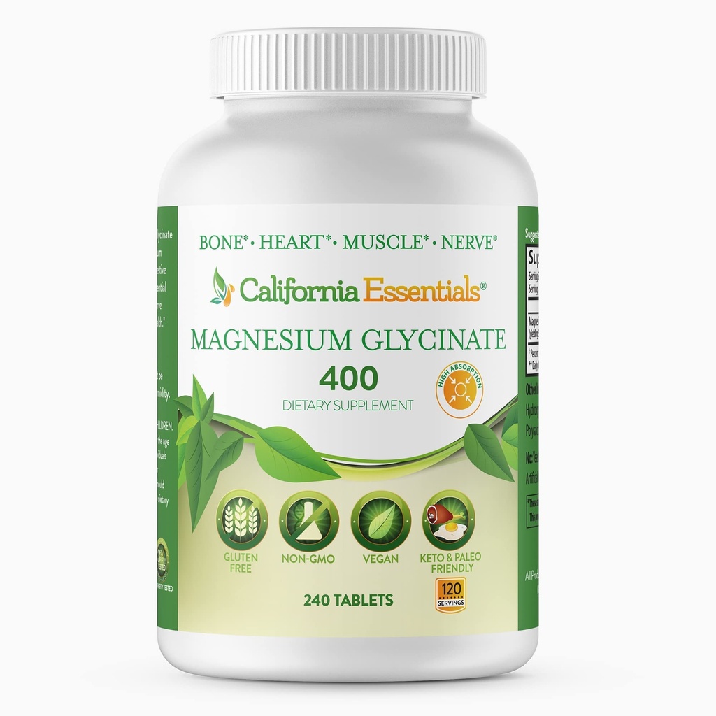 Magnezyum Glycinate 400 - Kas Relief, Bone & Heart Support -Vegan, Non-GMO, Gluten-Free 240 Tabletler (Servings 120, Servis Boyutu (2) 200 mg Tabletler)
