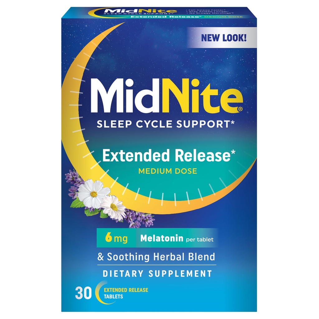 MidNite Extended Release Medium Dose, 6 mg Μελατονίνη Sleep Aid, Μη Σχηματισμός Συνταγών, Βοτανικό Συμπλήρωμα Διατροφής για Ενήλικες, Χωρίς Ναρκωτικά, Χωρίς Γλουτένη, Χωρίς Λακτόζη, Χορτοφαγικά, Vegan, 30 δισκία