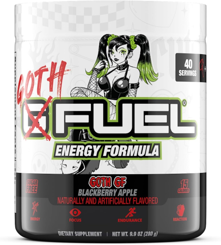 G Yakıt Goth GF Energy Drink Toz, Pre Workout Caffeine Toz, Enerji Tozu Oyun için Mix, Sugar Free Focus, Vitamin + antioksidan Antis, 9.9oz (Blackberry Apple, 40 Hizmet)