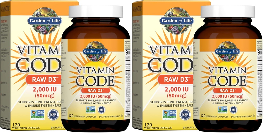 Garden of Life Vitamin D,Vitamin Code Raw D3,Vitamin-D 2,000 IU,Raw Whole Food D3 Supplements with Chlorella,Fruit,Veggies & Probiotics for Bone & Immune Health,120 Vegetarian Capsules,(Pack of 2)
