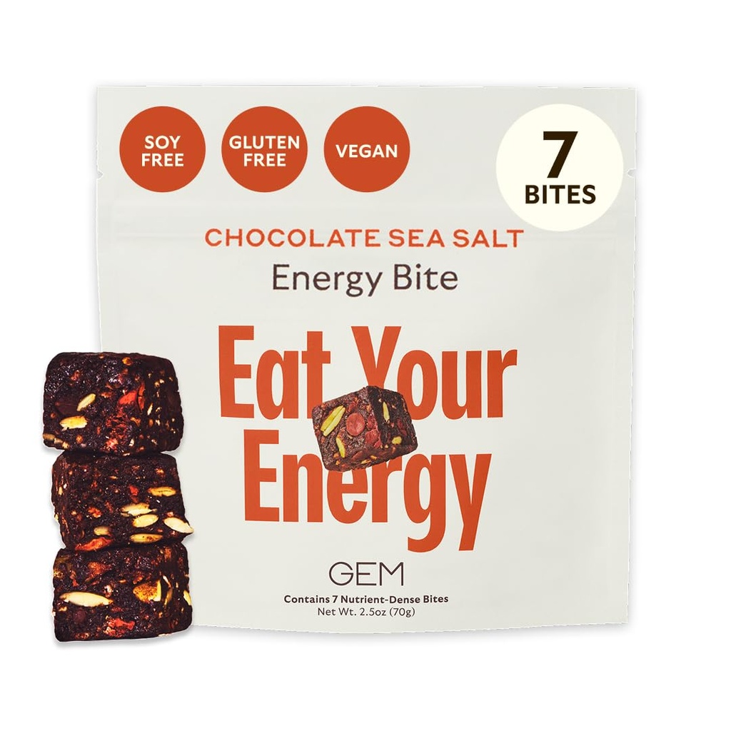 GEM Energy Caffeinated Bite | Holistic Sustained Energy | Supports Metabolism, Stamina & Endurance | 40 mg Caffeine, BTC Root, L-Theanine | Ca Chocolatecao Sea Salt | 7 Servisler