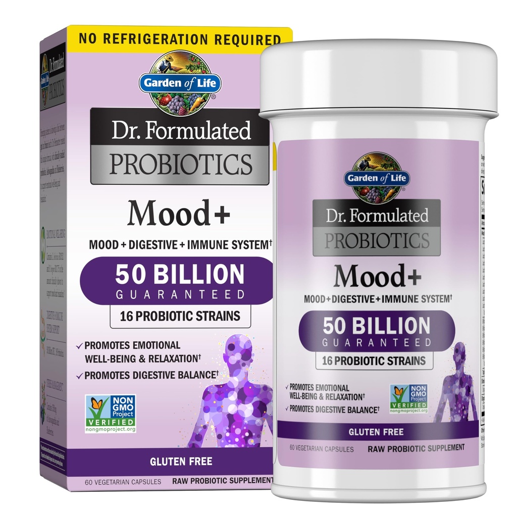 Garden of Life Probiotics Mood+ Dr Formulated Acidophilus Probiotic Supplement,Promotes Emotional Well-Being, Relaxation and Digestive Balance,Ashwagandha for Stress Management, 60 Count (Pack of 6)