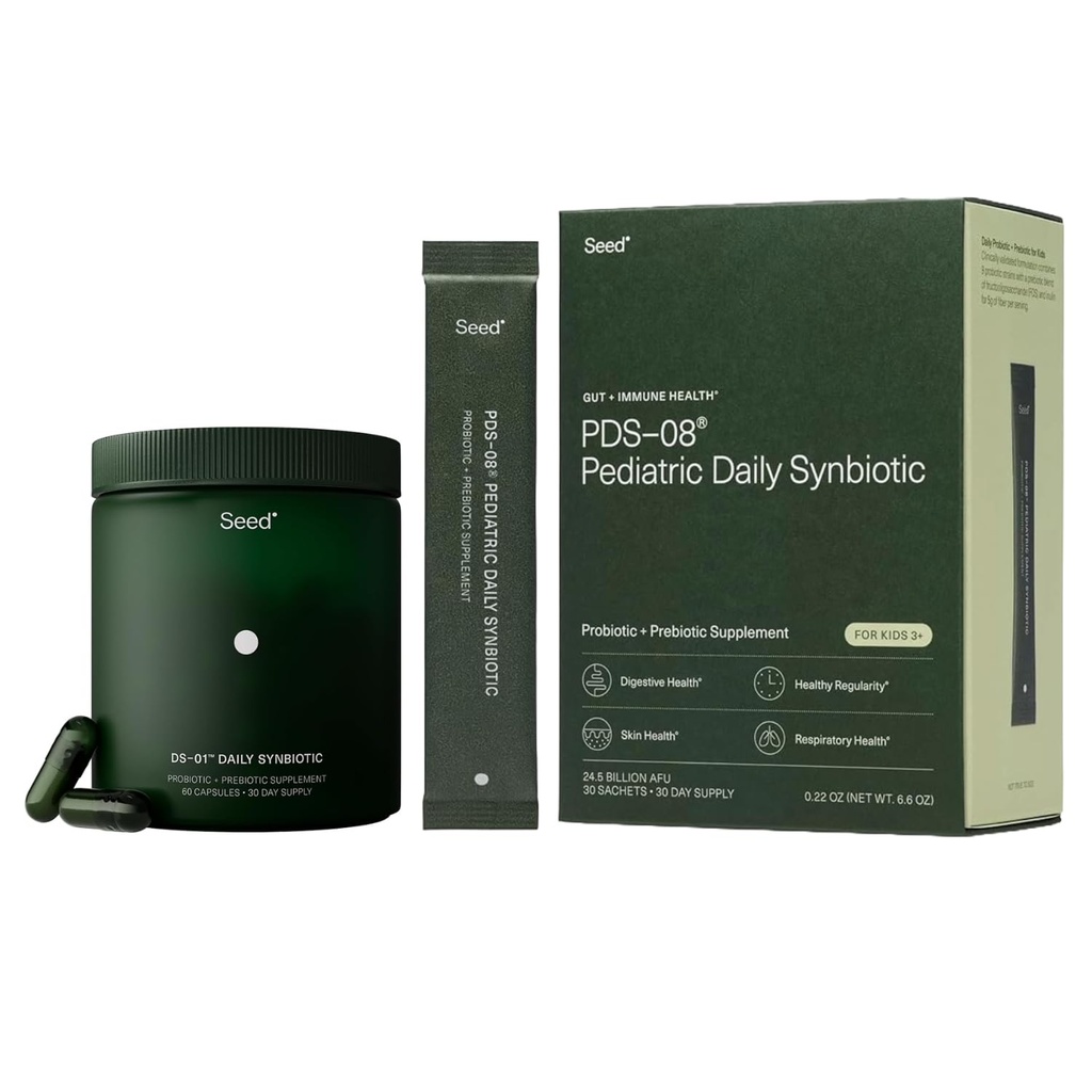 Seed DS-01 Daily Synbiotic for Adults PDS-08 Pediatric Synbiotic for Kids Ages 3-17 - Prebiotics and Probiotics - 2-Piece Bundle