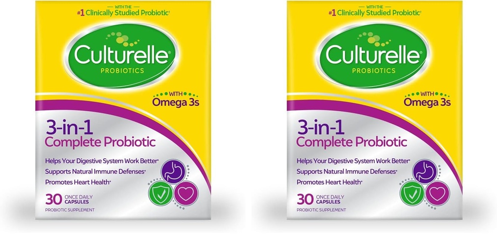 Culturelle 3-in-1 Probiotic Daily Formula, Once Per Day Probiotic Supplement, Helps Your Digestive System Work Better, Supports Natural Immune Defenses, Plus Omega 3's, Non-GMO, 30 Count (Pack of 2)