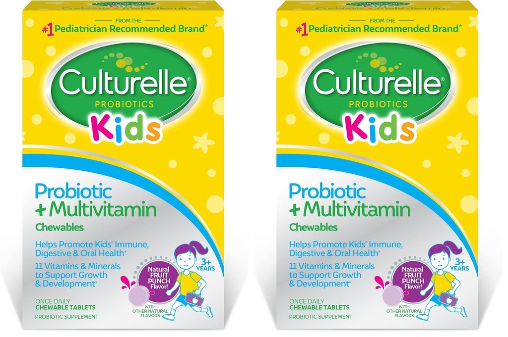 Culturelle Kids Probiotic + Complete Multivitamin Chewable for Kids,Ages 3+,Digestive Health,Oral Health&Immune Support-with 11 Vitamins&Minerals,Including Vitamin C,D3-&Zinc,30 Count (Pack of 2)