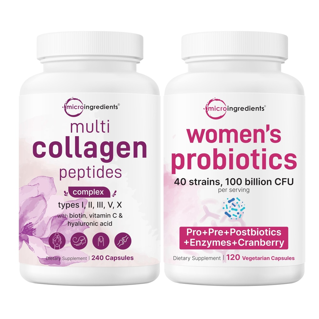 Micro Ingredients 8-in-1 Multi Collagen Pills & Women’s Probiotics 100 Billion CFU Veggie Capsules | 2 Pack | Hydrolyzed Peptides + Hyaluronic Acid & Vitamin C | 40 Strains + Cranberry & D-Mannose