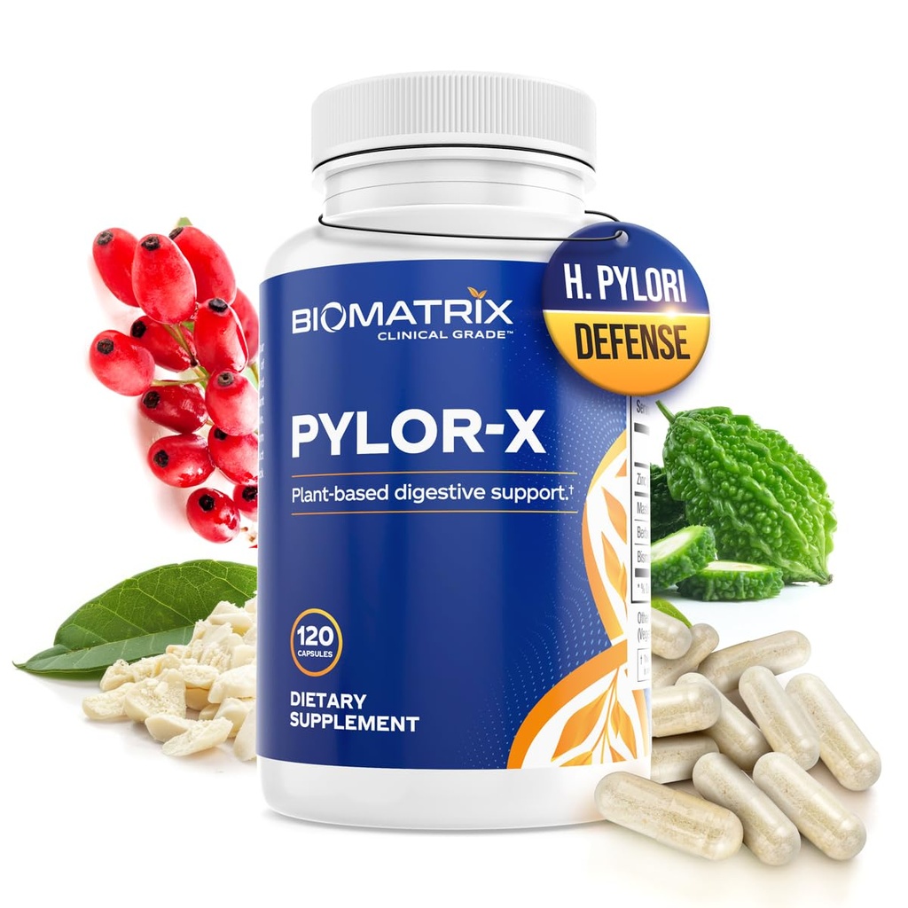 BioMatrix Pylor-X Gut Health Supplement – Mastic Gum, Berberine, Zinc Carnosine & Bismuth Salts for Gastric Support, Digestive Comfort, Stomach Lining Protection - (120 Capsules) 30-60 Day Supply