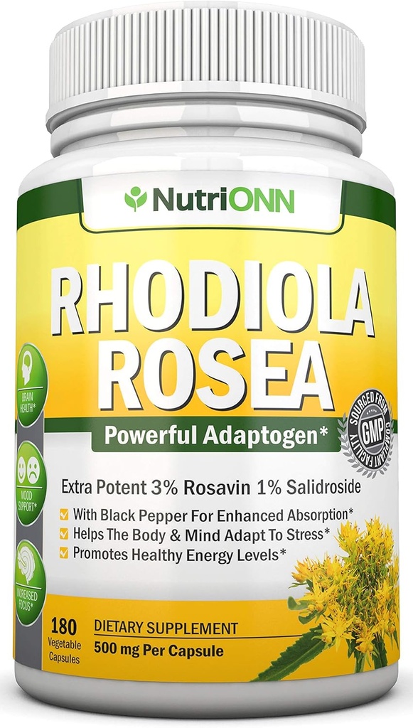 Rhodiola Rosea - 500 mg - 180 Vegan Capsules -% 3 Rosavin %1 Salidroside Extract - Non-GMO - Black Pepper For Advancedd Abors - 6 Ay Supply - Supplement for Energy & Stamina