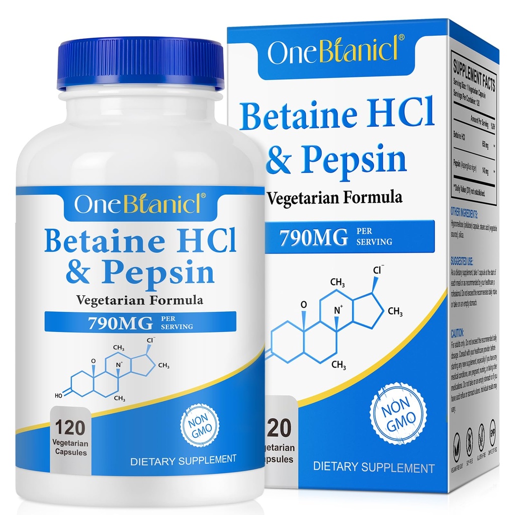 Betaine HCl with Pepsin Digestive Enzymes Supplement, 120 Vegan Capsules, 790mg Gluten-Free Formula for Digestive Support & Stomach Comfort, Plant-Based, Non-GMO