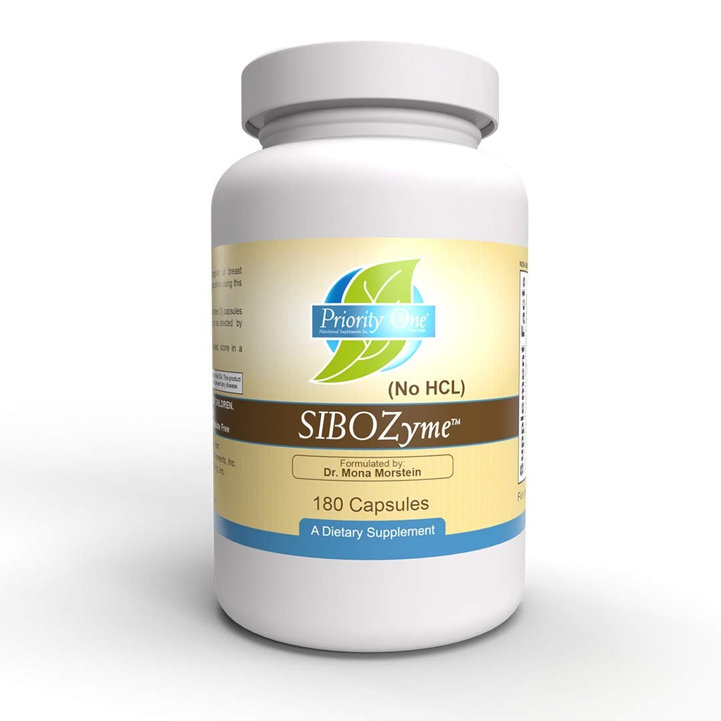 Priority One Vitamins SIBOZyme No HCL 180 Vegetarian Capsules Support Healthy Digestion for Those Seeking Small intestinal Bacterial Balance.* Exclusive Formulation by Dr. Mona Morstein