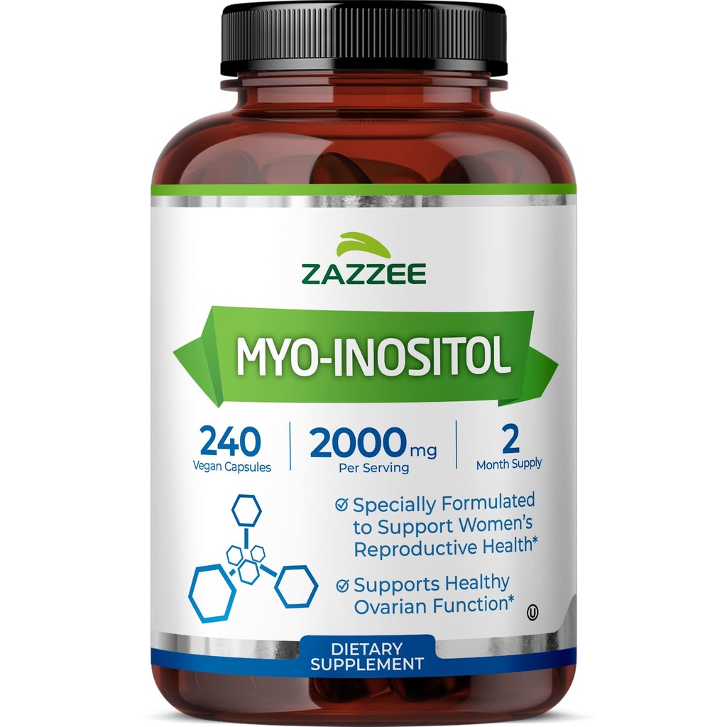 Zazzee Myo-Inositol Capsules, 2000 mg per Serving, 240 Vegan Capsules, Ideal Dosage for 40:1 Ratio, Certified Kosher, Hormone Balance & Healthy Ovarian Function Support, Non-GMO, Made in the USA