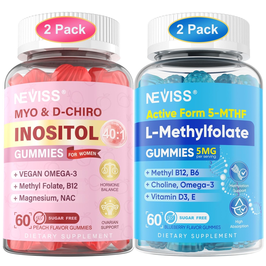 NEVISS 2Pack Myo-Inositol & D-Chiro Inositol Gummies + 2Pack L Methylfolate Gummies & Methyl B12