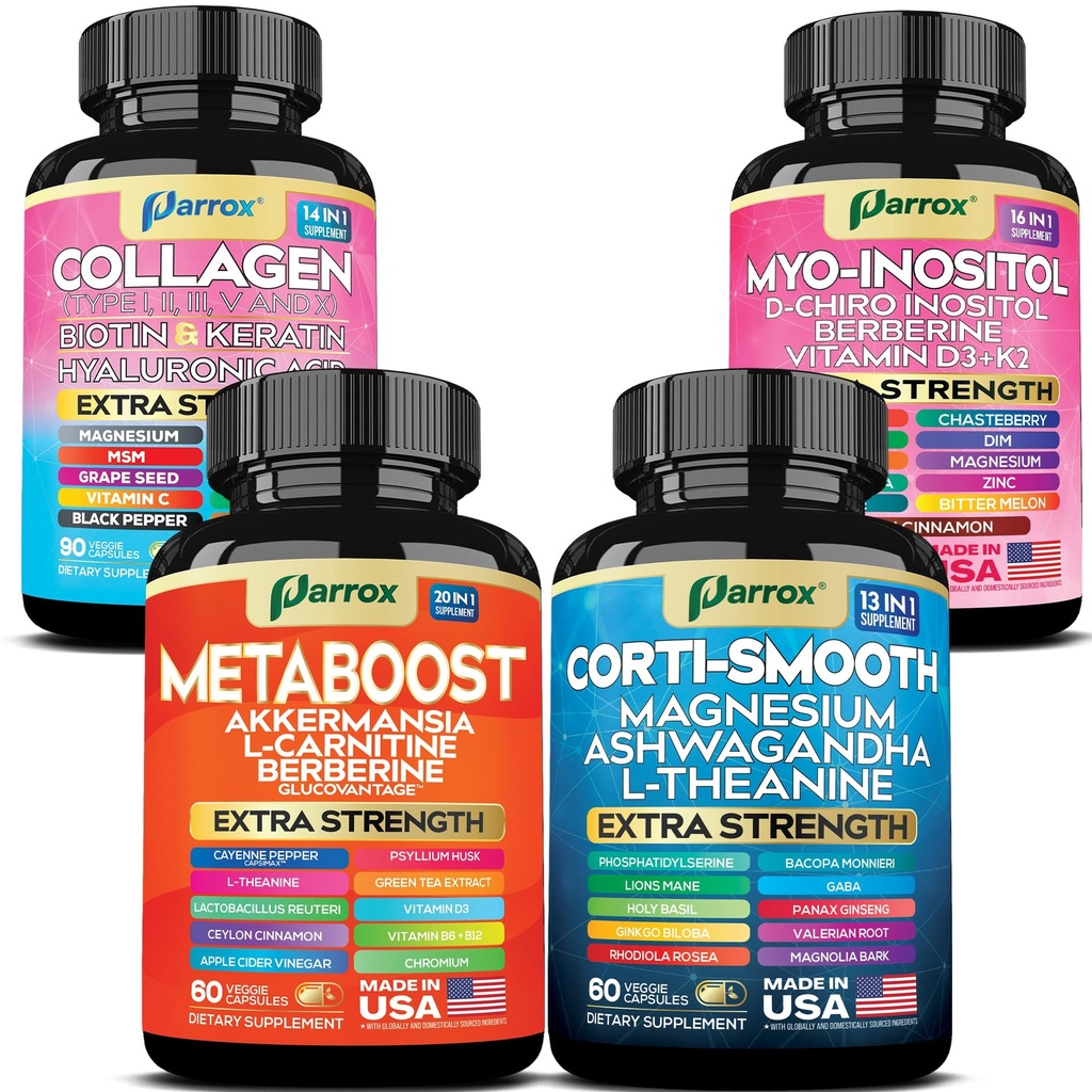 Complete Wellness Bundle – Collagen Peptides, Myo-Inositol, Cortisol Support & 20-in-1 Metaboost with Berberine, Magnesium, Biotin, Probiotics