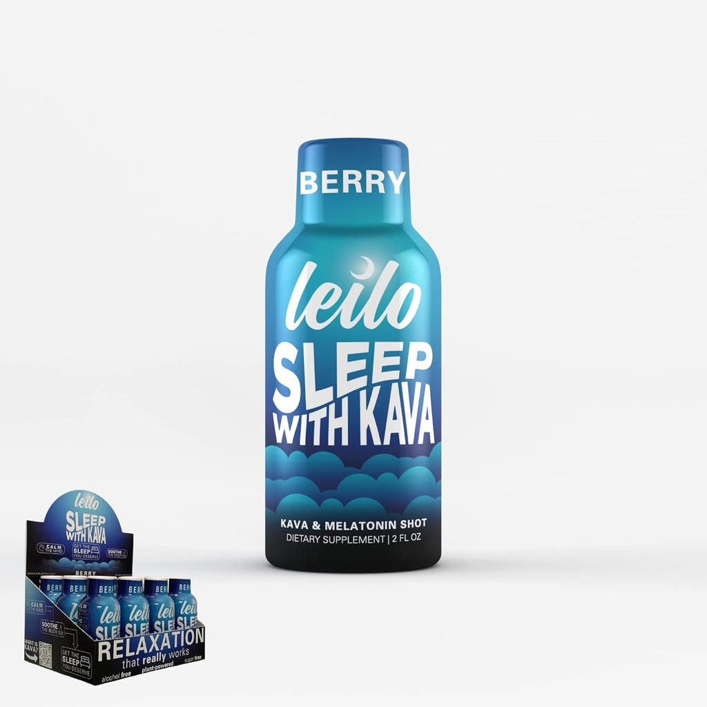 Leilo | Sleep Shot w/Melatonin (3mg) & Kava, GABA, Magnezyum| Liquid Supplement | Sugar-Free | Berry Flavored, 2 Ounces, 12 Paket