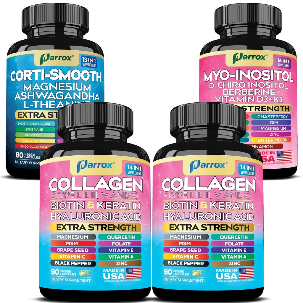 She Shines Set – Collagen, Cortisol & Myo-Inositol Bundle – Collagen Peptides I, II, III, V, X + Biotin, Hyaluronic Acid – Hormone Balance, Calm Energy & Glowing Skin