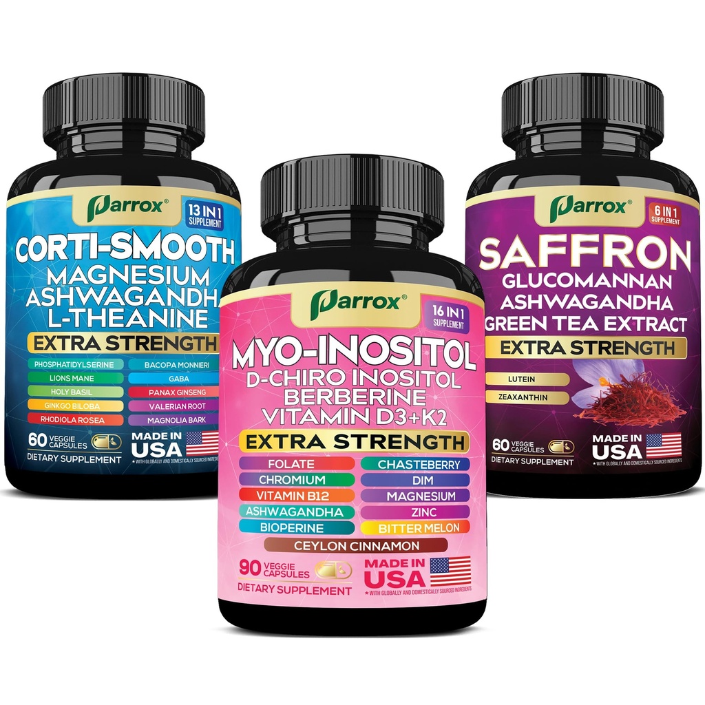 Cortisol & Myo-Inositol + Saffron – Cortisol Balance, Hormonal Support & Mood Aid with Ashwagandha, L-Theanine, D-Chiro Inositol, Green Tea, Lutein & Zeaxanthin Saffron Complex