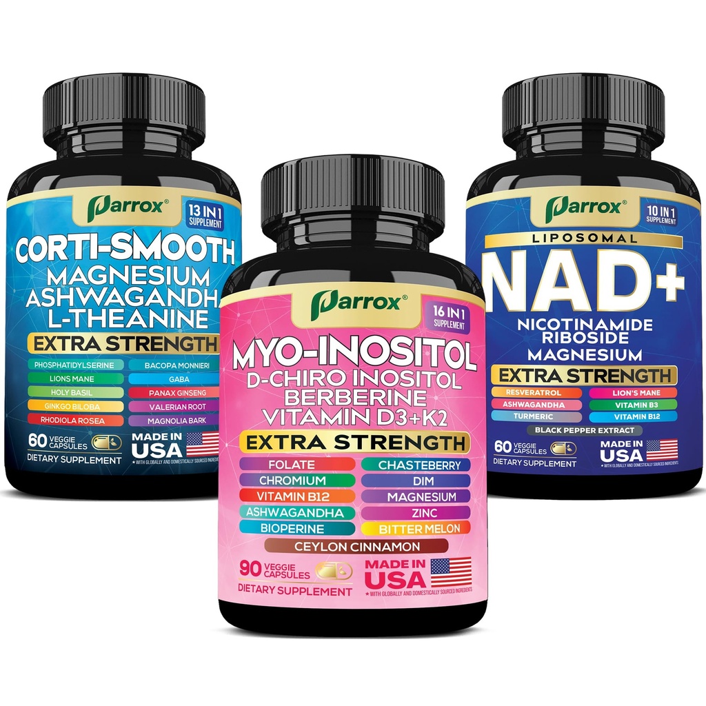 Cortisol & Myo-Inositol + NAD+ Bundle – 29-Ingredient Cortisol Balance and Hormonal Support with Ashwagandha, L-Theanine & D-Chiro Inositol + Liposomal NAD+ with Resveratrol & Adaptogens