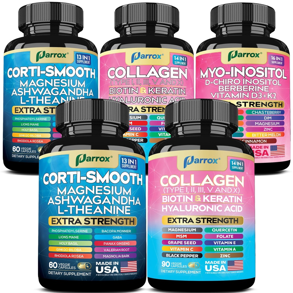 She Shines + Shining Serenity Set – 5-in-1 Supplement System with Collagen Peptides I, II, III, V, X, Myo-Inositol, Biotin, Keratin, Ashwagandha, DIM, L-Theanine, Magnesium, GABA, Rhodiola