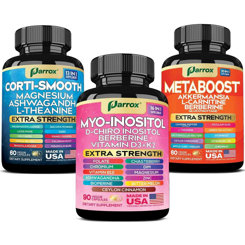 Soothe & Balance Bundle – Cortisol, Myo-Inositol & Metaboost Supplement – 49-in-1 Plant-Based Formula with Ashwagandha, Berberine, DIM, Probiotics, Magnesium & Adaptogens